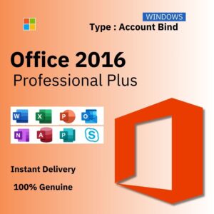 Official box art for the ACCOUNT BIND version of MS Office 2016 Pro Plus. A genuine lifetime license key that binds to your Microsoft Account, from Delta Keys India.