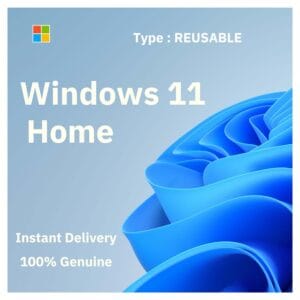Box art for genuine Windows 11 Home. Reusable lifetime license key that can be reactivated after formatting. From Delta Keys India.