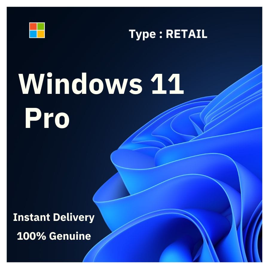 Official box art for the RETAIL version of Windows 11 Pro. A transferable, genuine lifetime license key from Delta Keys India.