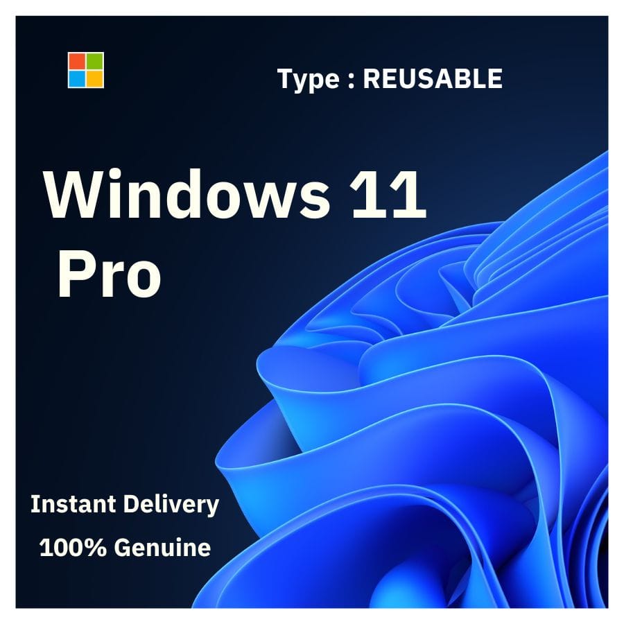 Box art for genuine Windows 11 Pro. Reusable lifetime license key that can be reactivated after formatting. From Delta Keys India.