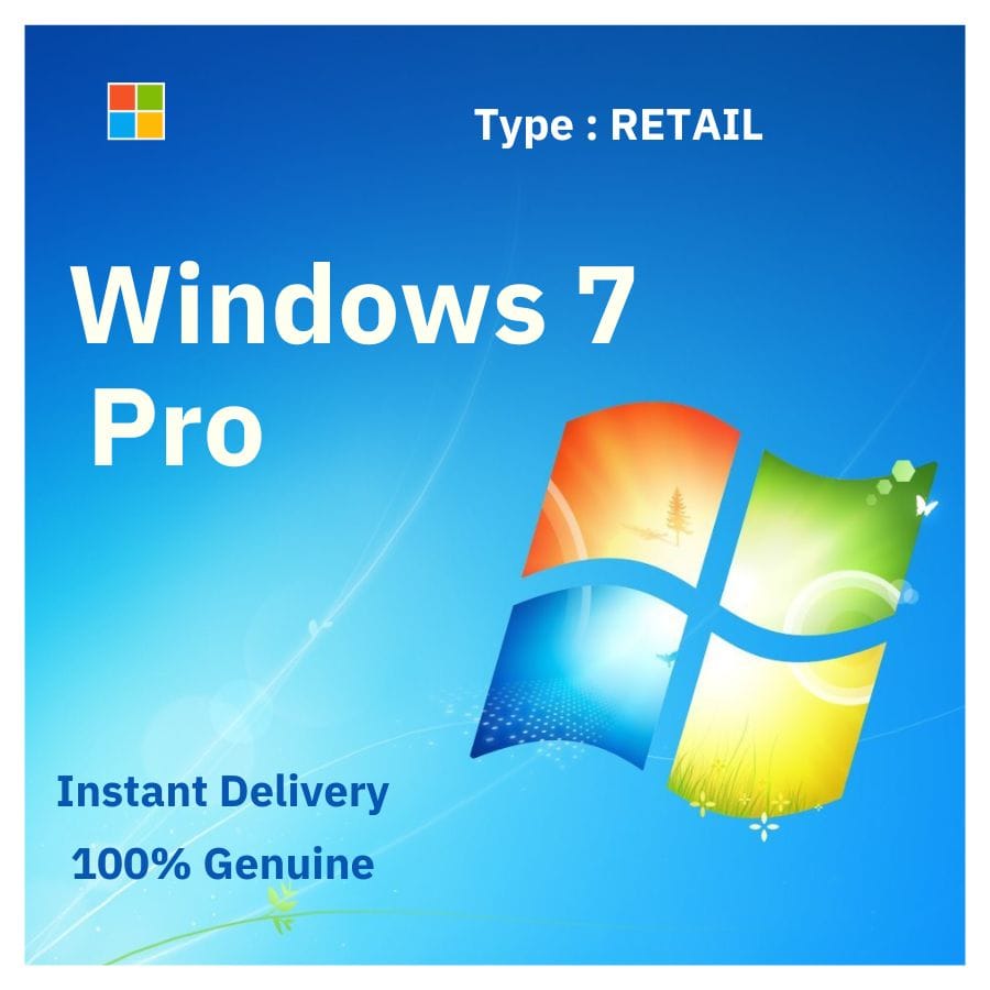 Official box art for the RETAIL version of Windows 7 Pro. A transferable, genuine lifetime license key from Delta Keys India.