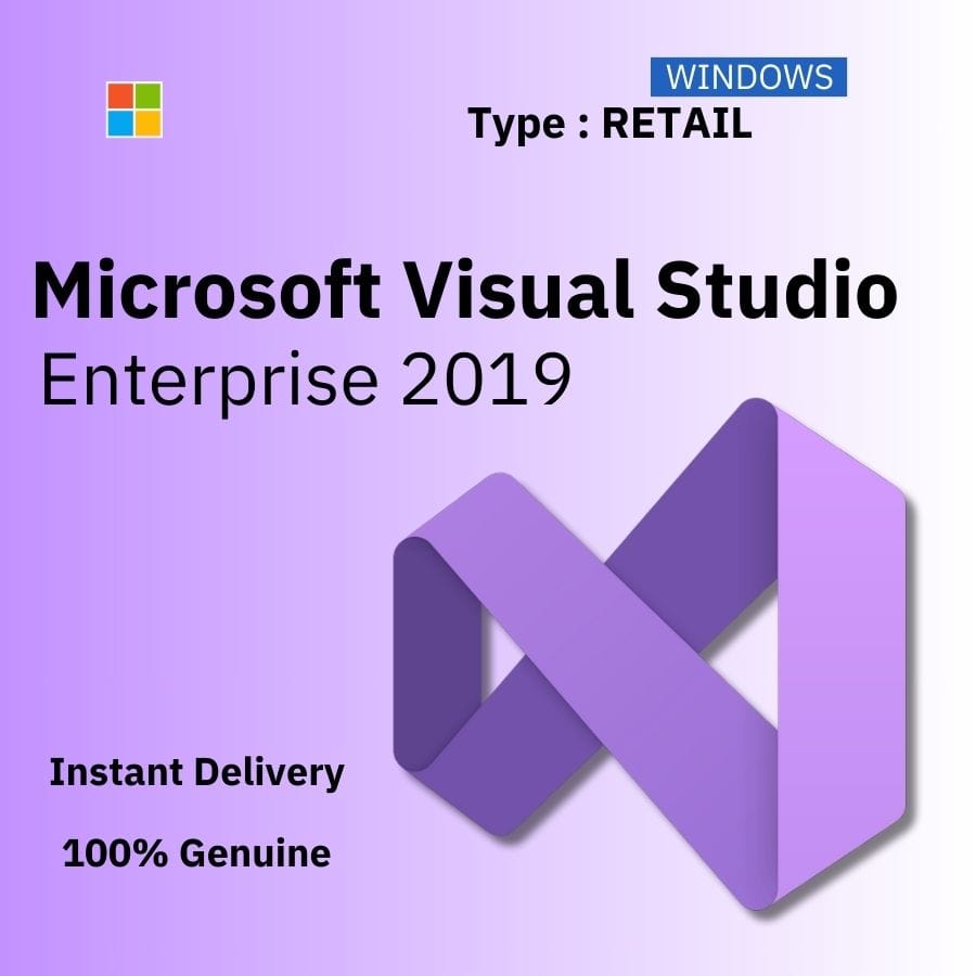 Official box art for the RETAIL version of Visual Studio 2019 Enterprise. A transferable, genuine lifetime license key from Delta Keys India.
