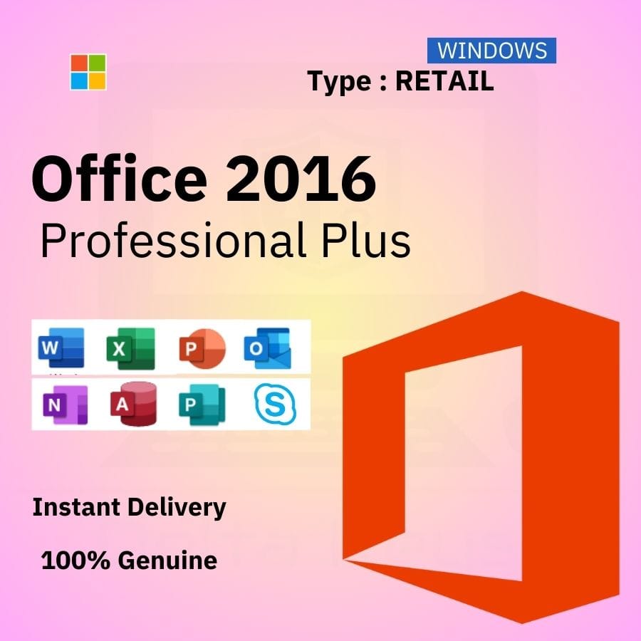 Official box art for the RETAIL version of Office 2016 Pro Plus. A transferable, genuine lifetime license key from Delta Keys India.