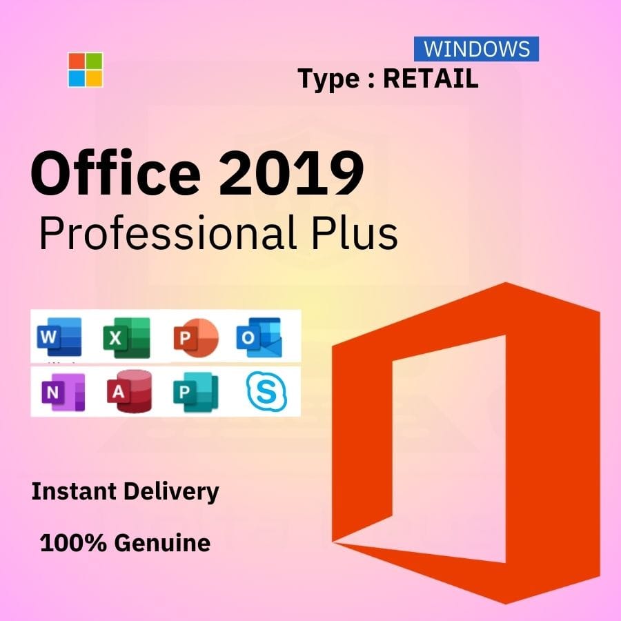 Official box art for the RETAIL version of Office 2019 Pro Plus. A transferable, genuine lifetime license key from Delta Keys India.