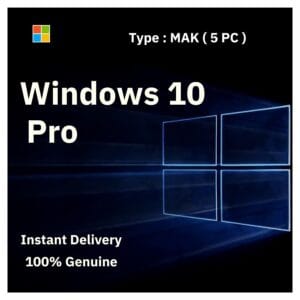 Official Windows 10 Pro box art. A genuine 5-PC MAK volume license key for activating multiple computers, from Delta Keys India.