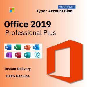 Official box art for the ACCOUNT BIND version of MS Office 2019 Pro Plus. A genuine lifetime license key that binds to your Microsoft Account, from Delta Keys India.