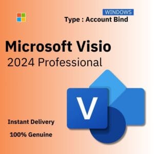 Official box art for the ACCOUNT BIND version of Visio 2024 Pro. A genuine lifetime license key that binds to your Microsoft Account, from Delta Keys India.