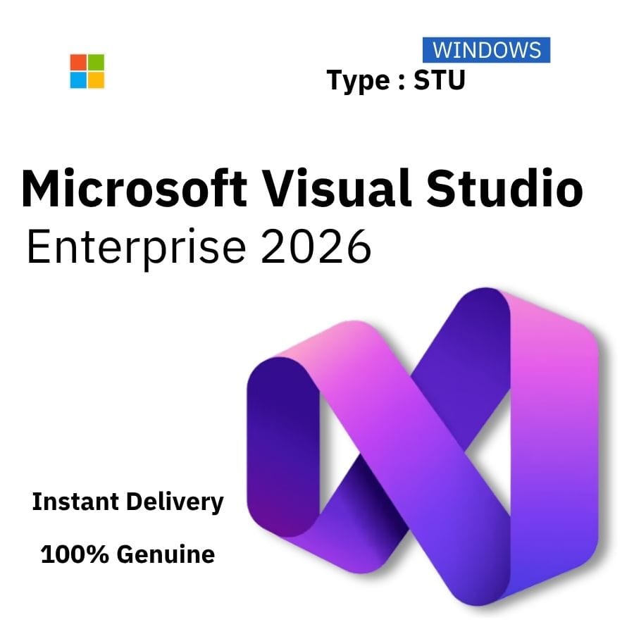 Official box art for Microsoft Visual Studio 2026 Enterprise. Instant delivery of a lifetime single-use license key from Delta Keys India.